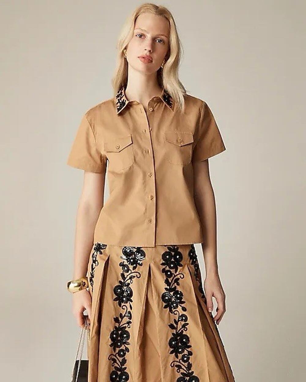 NWT J Crew Collection tan Khaki Cropped Button Down Black Beaded Cotton 6